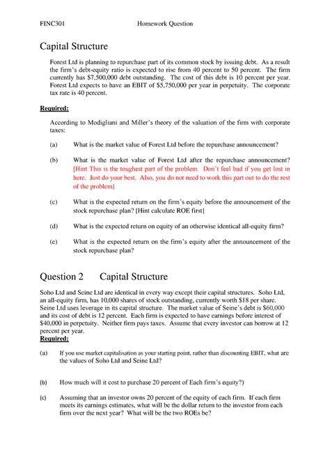 Week 05 Homework Questions 2023 FINC301 Homework Question Capital