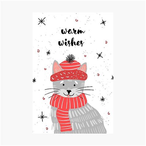 Lámina fotográfica Gato gris con sombrero rojo Meowy Christmas