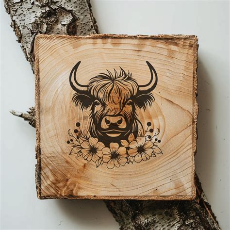 Highland Cow Flowers Png Bundle Svg Dxf Laser Burn Wood Engrave