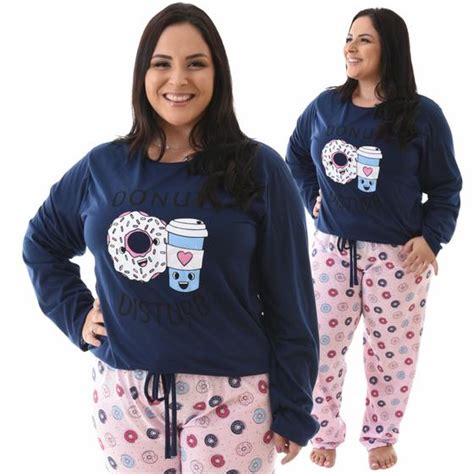 Pijama Feminino Plus Size Longo Inverno Frio Blusa E Cal A Prik Ta