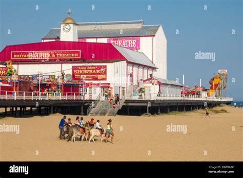 Great Yarmouth beach, Norfolk, UK. Donkey rides with The Britannia Pier and Theatre behind Stock ...