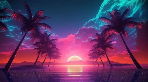 Neon Sun And Island Oasis A 3d Synthwave Sunset With Palm Trees And