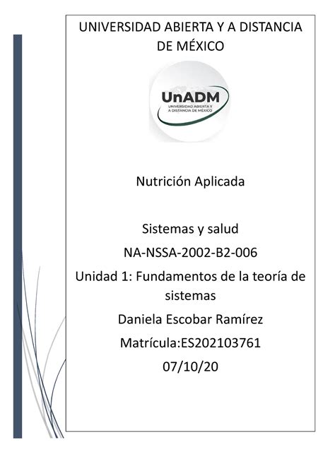 SSA U1 EA DAER Sistemas Y Salud Unidad 1 Evidencia De Aprendizaje