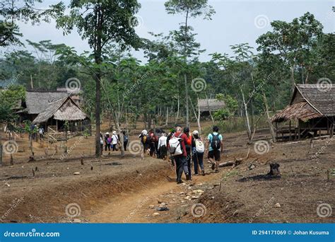 Tourists Pass Through The Fields To Get To The Baduy Traditional