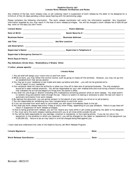 Inmate Work Release Form Printable Pdf Download