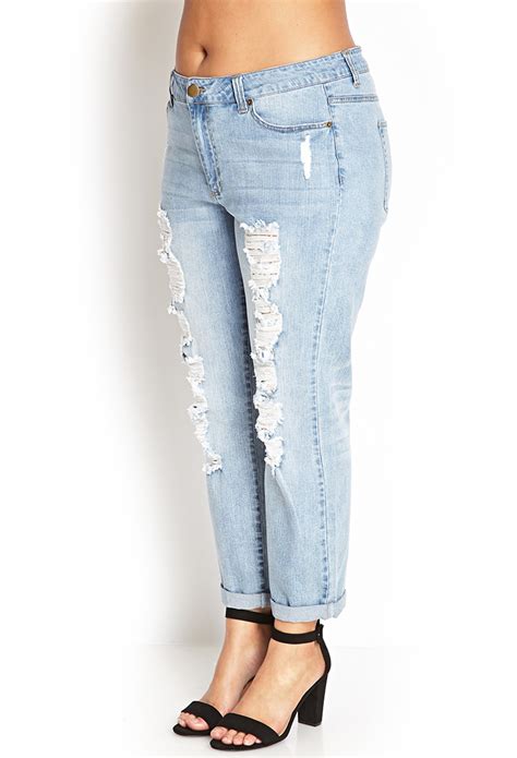 Forever 21 Distressed Boyfriend Jeans In Blue Denim Washed Lyst