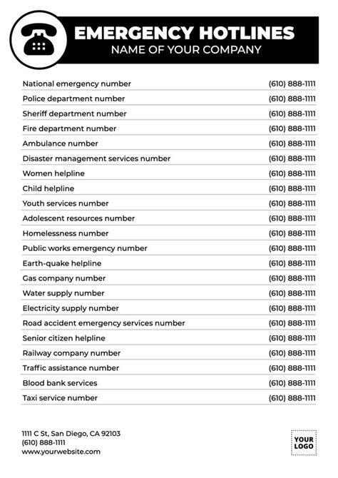 Emergency Hotlines Vertical List To Edit Online Phone Numbers Number