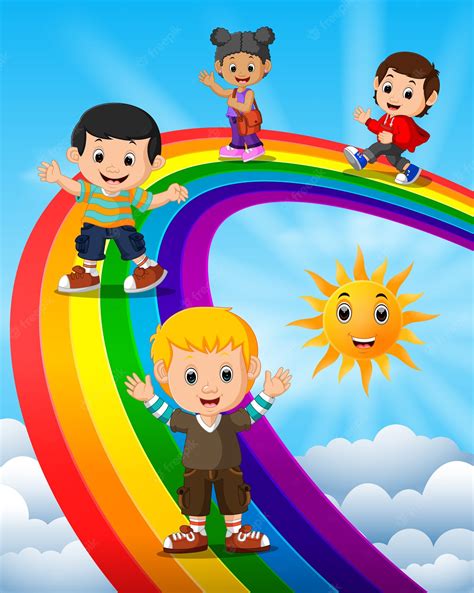 Premium Vector Happy Kids Standing Over The Rainbow