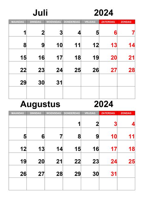 Kalender Juli Augustus 2024