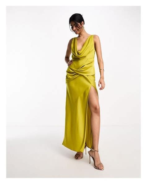 Asos Satin Cowl Neck Maxi Dress With Ruching Detail In Yellow Lyst