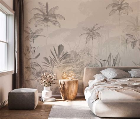 Jungle Wallpaper Tropical Wilderness Beige Etsy