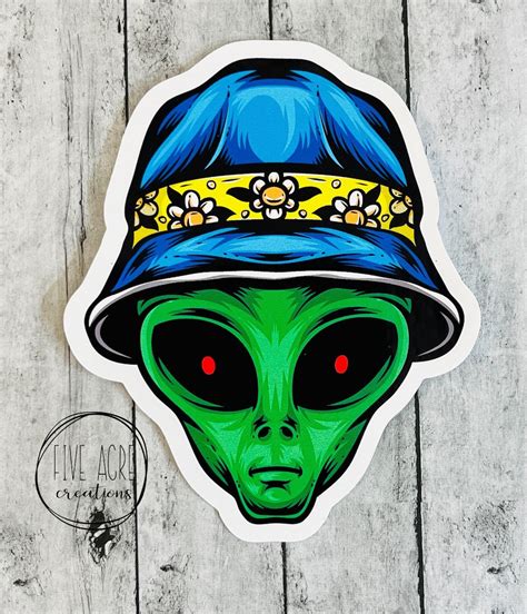 Funny Waterproof Weatherproof Vinyl Sticker Alien In Funny Hat High Quality Rugged Car Decal