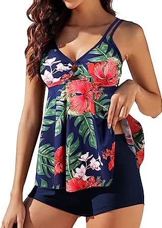 Genfien Damen Zweiteilig Badeanzug Push Up Bademoden Bauchweg Tankini