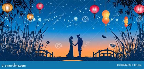 A Serene Tanabata Scene With Silhouetted Figures Beneath A Sky Of Stars