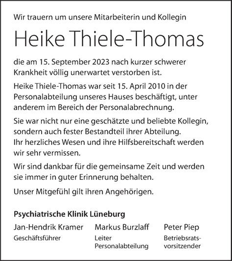 Traueranzeigen von Heike Thiele Thomas Trauer Lüneburg de