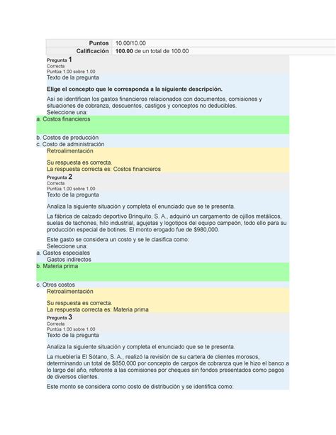 Examen Clasificacion De Costos Puntos Calificaci N De Un