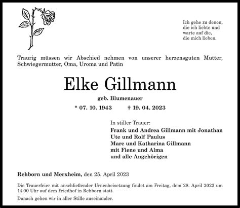 Traueranzeigen Von Elke Gillmann Rz Trauer De