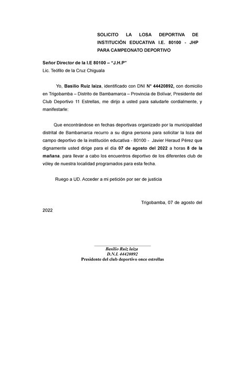 Solicitud de Uso de Losa Deportiva - I.E. 80100 "J.H.P" - Studocu