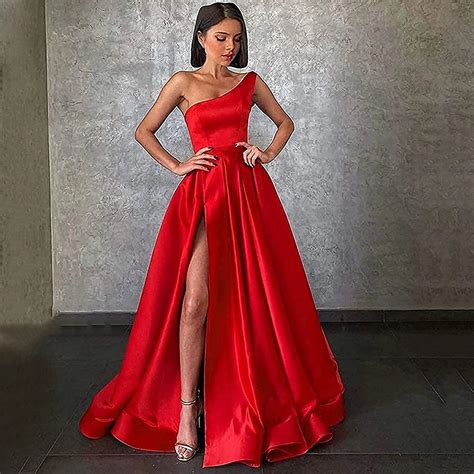 Robe De Soir E Longue Rouge En Satin Pour Femmes Asym Trique Paule