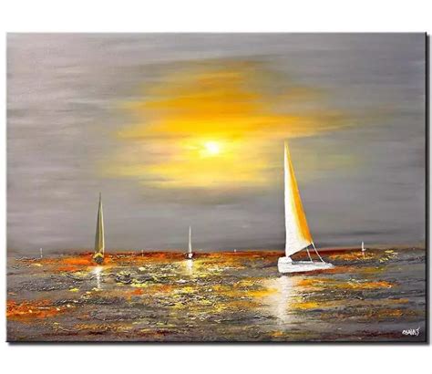 Minimalist Grey Yellow Abstract Sailboats Painting On Canvas Original