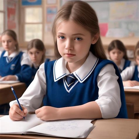 Niña en uniforme escolar estudiando en clase Foto Premium