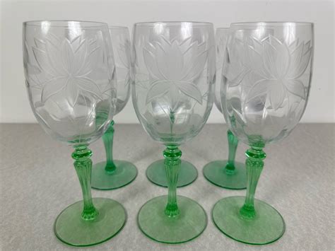 Vintage Etched Footed Stemware Glasses Uranium Vaseline Glass Green Foot And Stem 7 78h 6 Glasses