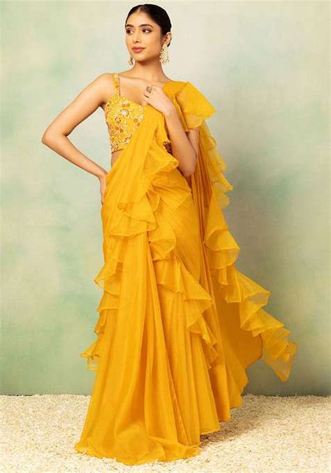 Buy Women Yellow Pre Stitched Saree Set With Floral Zari And Thread