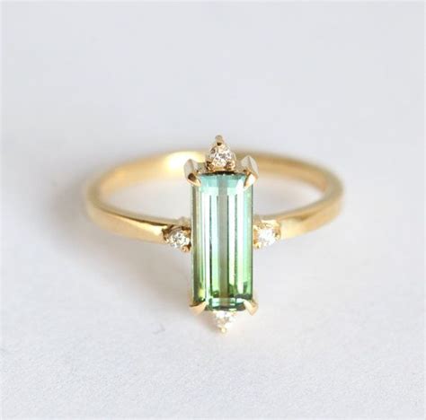 Watermelon Tourmaline Ring Green Blue Engagement Ring Gold Baguette