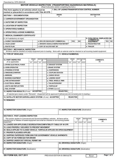 Dd Form 626 Motor Vehicle Inspection Transporting Hazardous Material