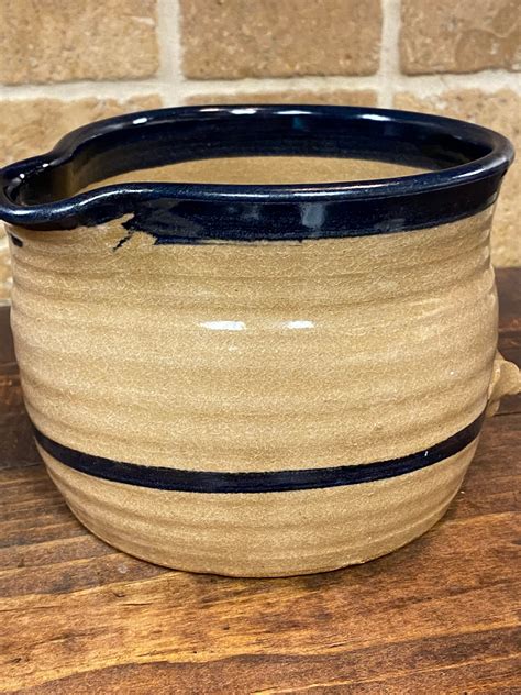 Handmade Crock Brown Clay And Blue Striped Clay Handled Wide Etsy