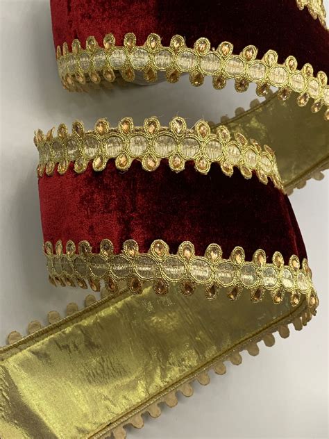 Burgundy Velvet Ribbon Gold Embroidered And Jeweled Trim Wired Edges