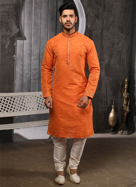 Orange Silk Designer Embroidered Kurta Pajama Shafalie’s Fashions