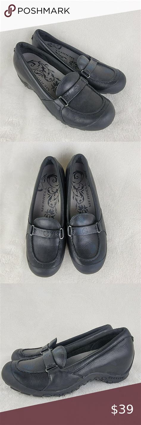 Merrell Womens Plaza Glide Black Leather Slip On Hidden Wedge Shoes Size 75 Leather Wedges