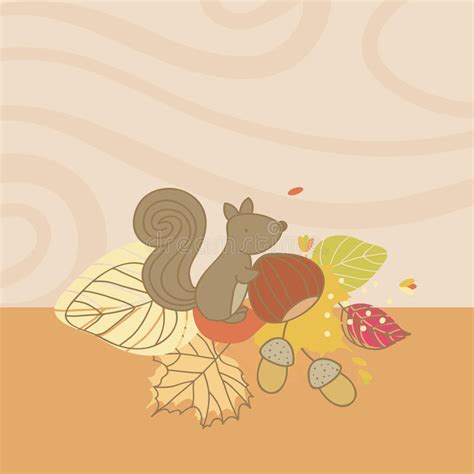 Cartoon Squirrel With Wreath Made Of Autumn Leaves And Berries Hello