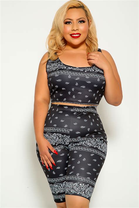 Black Bandana Print Plus Size Two Piece Outfit Women Of Edm