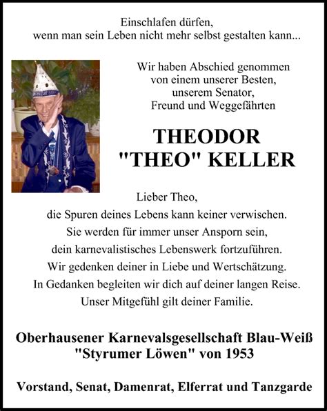 Traueranzeigen Von Theodor Keller Trauer In Nrw De