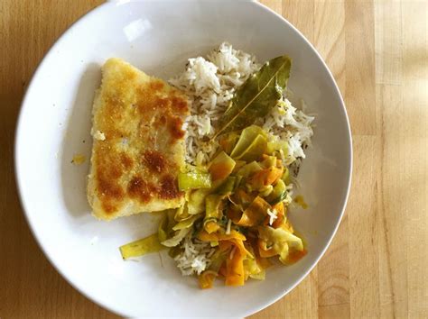 Filet de lieu noir pané maison tagliatelles de légumes au lait de coco