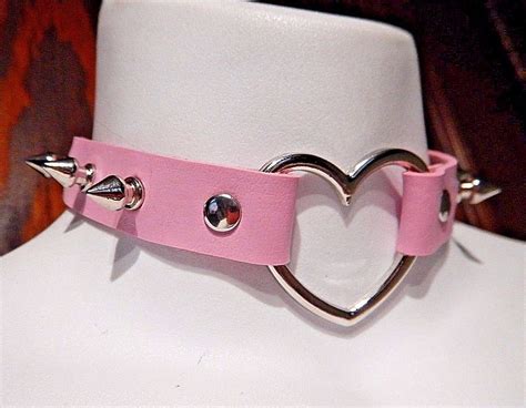 Pastel Pink Spiked Heart Ring Collar Silver Rivet Choker Punk Necklace