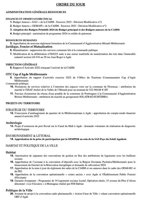 Agglo H Rault M Diterran E Ordre Du Jour Du Conseil Communautaire De