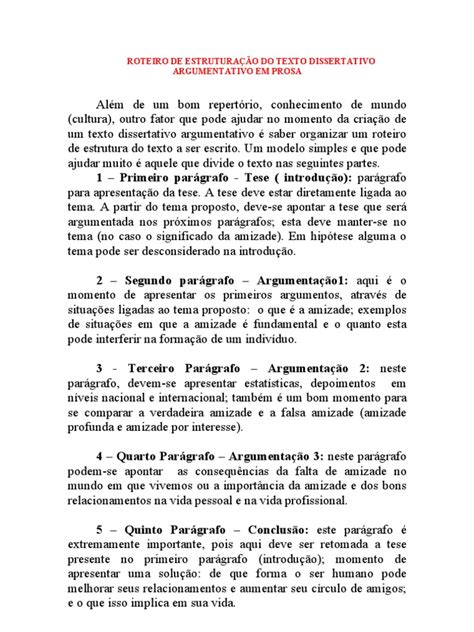 Roteiro De EstruturaÇÃo Do Texto Dissertativo Argumentativo Amizade Vida