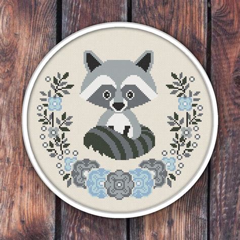 Raccoon Cross Stitch Pattern P Baby Raccoon Cross Etsy