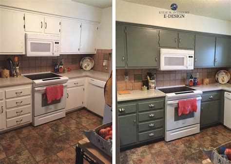 Before and after painted pressboard mdf cabinets, budget-friendly beige tile floor, backsplash ...