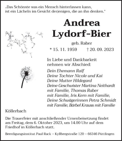 Traueranzeigen Von Andrea Lydorf Bier Saarbruecker Zeitung Trauer De