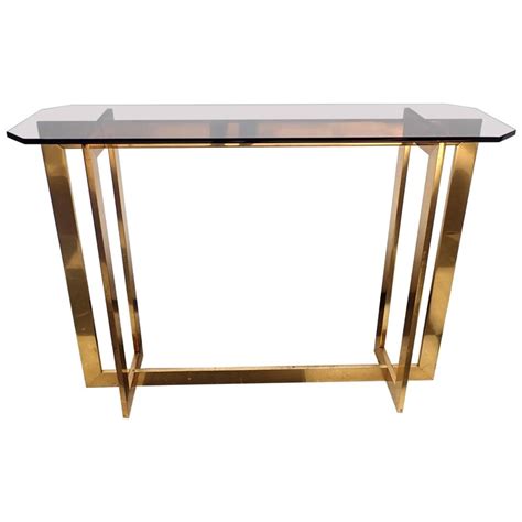 Vintage Mid Century Modern Brass Bronze Transitional Smoke Glass Console Table At 1stdibs