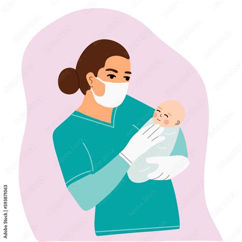 A smiling female doctor holds a newborn baby in her arms. Vector ...