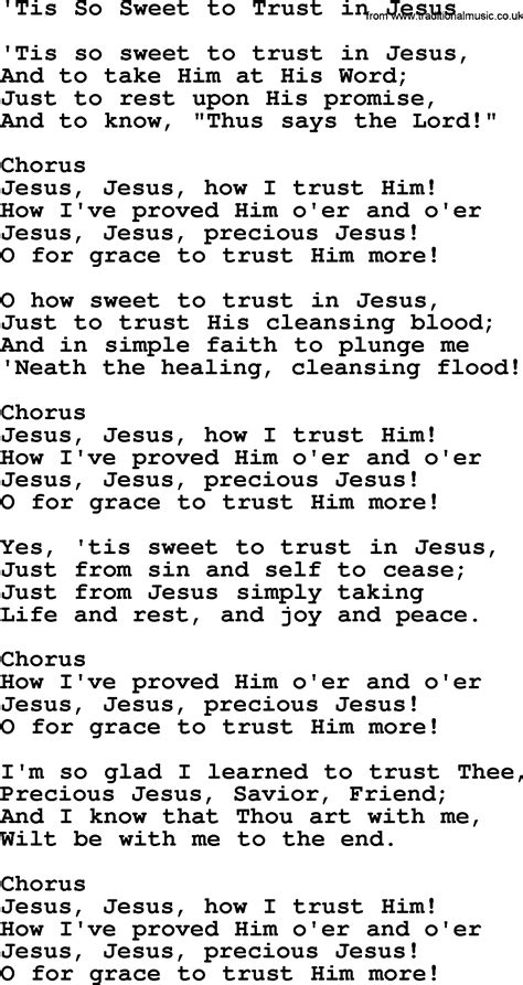 Baptist Hymnal Christian Song Tis So Sweet To Trust In Jesus Lyrics With Pdf For Printing