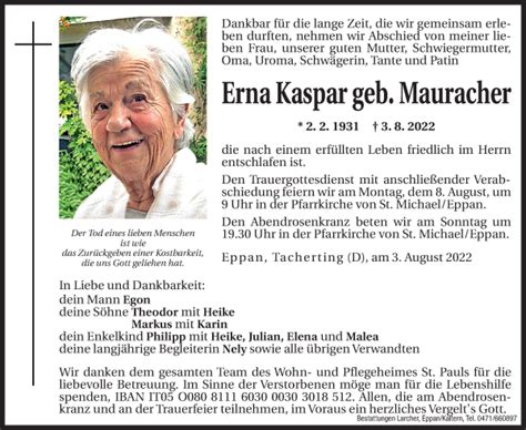 Traueranzeigen Von Erna Kaspar Trauer Bz