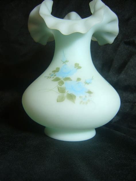 Fenton Blue Satin Glass Ruffled Large Vase Hand Painted Roses Etsy