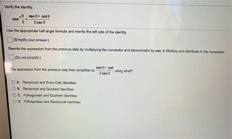 Solved Verify The Identity 20 Csc Cote Cos 2 2csce Use Chegg