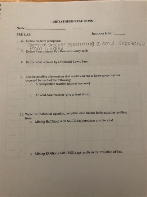 Solved Metathesis Reactions Name Pre Lab Instructor